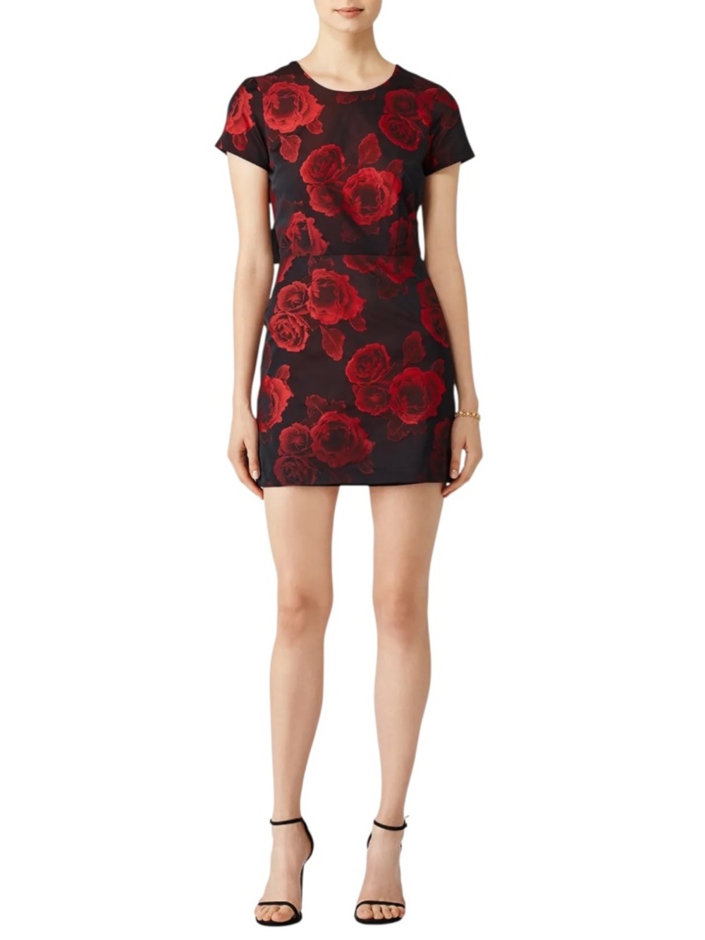 Amanda Uprichard Rose Mini Dress Open Back Ruffle Roses Sheath Red & Black sz L